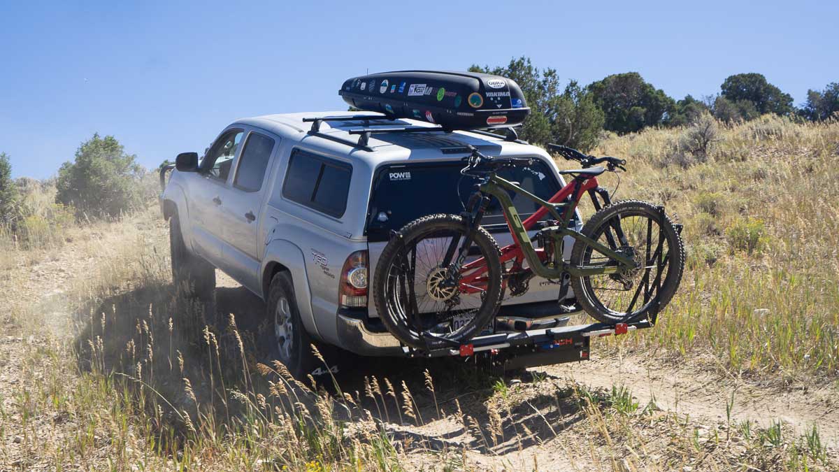Carrying 2 bikes off road on a 1Up USA hitch bike rack